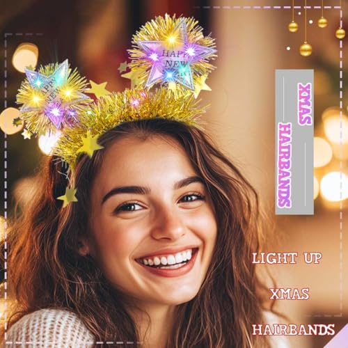 Firuilo Light Up Christmas Headband Glowing Star Tinsel HAairbands Happy New Year Headpieces Xmas Hair Accessories for Women