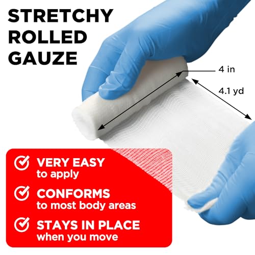 24 Gauze Rolls - 4" x 4.1yd - Soft and Breathable Rolled Gauze - Latex-Free Premium Individually Wrapped Bandages with Bon...