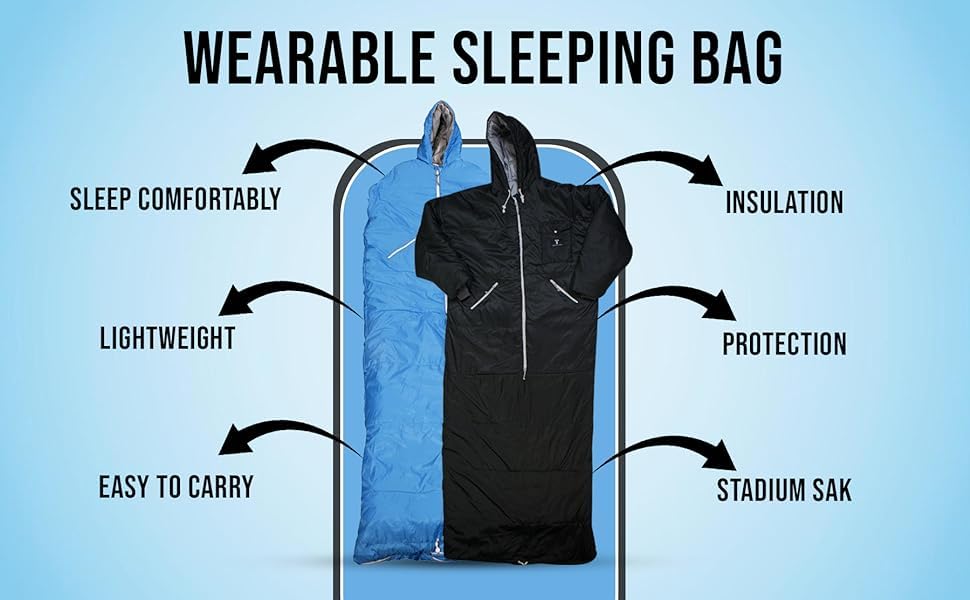 Thermotuff Wearable Sleeping Bag with Dual Hoodie, Long Sleeves, Pockets & Adjustable Drawstring - Ideal for Camping, Cold...