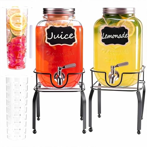 2 Pack1 Gallon Glass Drink Dispensers For Parties,Beverage Dispenser with Stand,304 Stainless Steel Spigot Leakproof,Lemon...