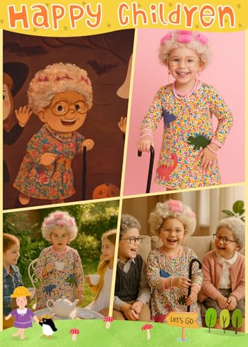 QAQ-COSPLAY 100 days of school costume - old lady costume for kids - School Grandma Costume for kids 5-8