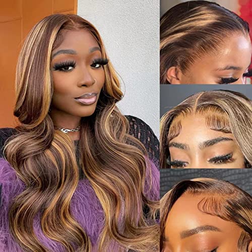 26 Inch Honey Blonde Lace Front Wig Human Hair Pre Plucked Ombre 13x4 Body Wave Lace Front Wigs Human Hair 4/27 Highlight 180 Density HD Lace Frontal Wigs
