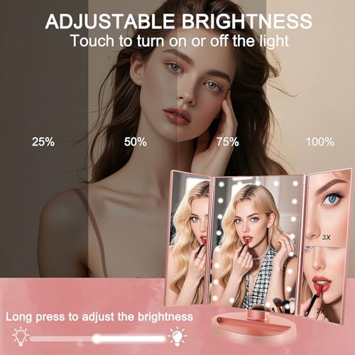 Tri-fold Lighted Vanity Makeup Mirror with 3x/2x Magnification,21 LEDs Light and Touch Screen,180 Degree Free Rotation Countertop Cosmetic Mirror,Travel (Rose Gold)