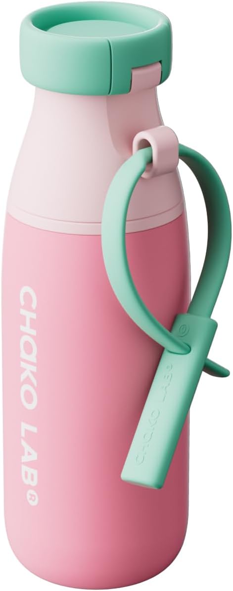 CHAKO LAB Ceramic Insulated Stainless Steel Water Bottle with Two Strap | BPA-Free Leak Proof | 17oz Bottle with Spout Lid & Straw | Peach