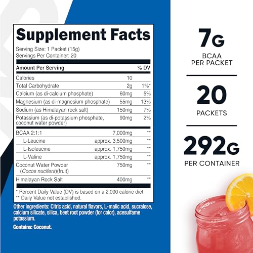 Nutricost BCAA+ Hydration Raspberry Lemonade (20 Stickpacks) - Branched Chain Amino Acids with Hydration Complex - Gluten-...