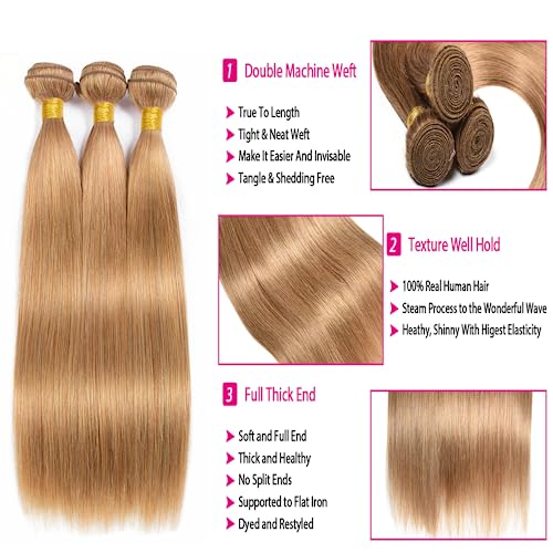 24 26 28 inch Blonde Straight Bundles Human Hair Color 27 Honey Blonde Bundles Unprocessed Brazilian Virgin Hair Double Weft Weave Extensions Hair Soft And Healthy For Women