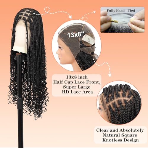 Brinbea Knotless Boho Braided Wigs 13x8'' HD Lace Front Braided Wigs for Women Box Braid Wig with Baby Hair Black Long Premium Synthetic Braided Lace Front Wigs 36 Inch
