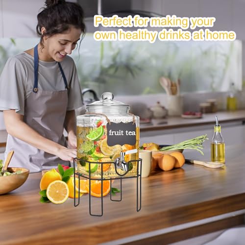 Drink Dispenser, Drink Dispensers for Parties, 1 Gallon Glass Beverage Dispenser with Stand and Glass Lid, 100% Leakproof ...