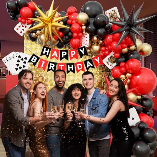 Casino Balloon Arch Garland Kit with Red Black and Gold Balloons Dice Boxes Random Pokers for Birthday Casino Night Las Ve...
