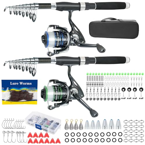 Fishing Pole Combo,2PCS 6.89ft Carbon Fiber Fishing Rods,Spinning Reels 170Pcs Worm Lure Kit Texas-Rigs-for-Bass Carrier B...