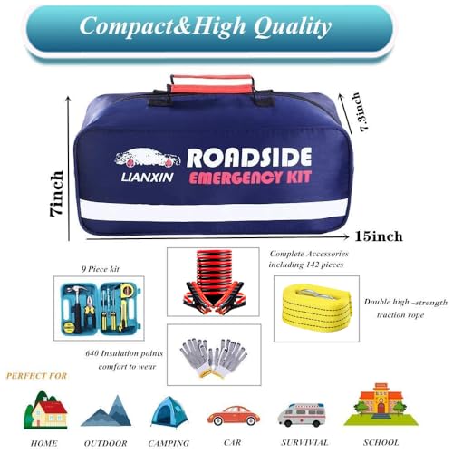 LIANXIN Roadside Assistance Emergency Kit - Car Emergency Kit with Jumper Cables (Upgraded) Emergency Roadside Kit for Car...