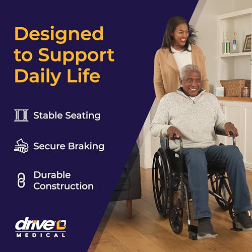 Drive Medical Silver Sport 1 Folding Transport Wheelchair - Lightweight Mobility Support - Full Armrests - Removable Swin...