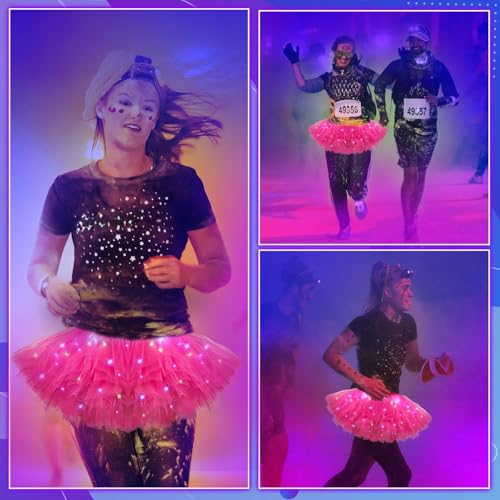 Crowye LED Tutu Skirt Light up Tutus 5 Layered Neon Tulle Skirt for Women 80's Party Valentine's Day New Year Glitter Costume