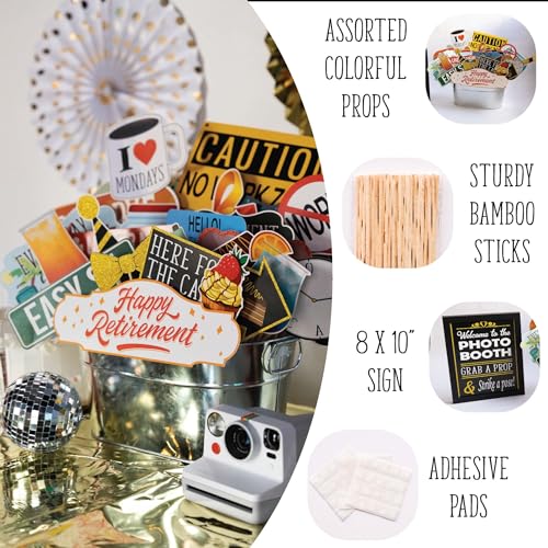 Retirement Photo Booth Props - 41-pc Photobooth Kit with 8 x 10-Inch Sign, 60 Adhesive Pads, 45 Sticks - Retirement Party ...