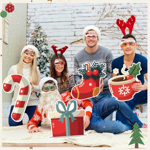 Thyle 13 Pcs Christmas Photo Booth Props Large Candy Cane Decorations Gift Box Stocking Christmas Party Decorations Paper ...