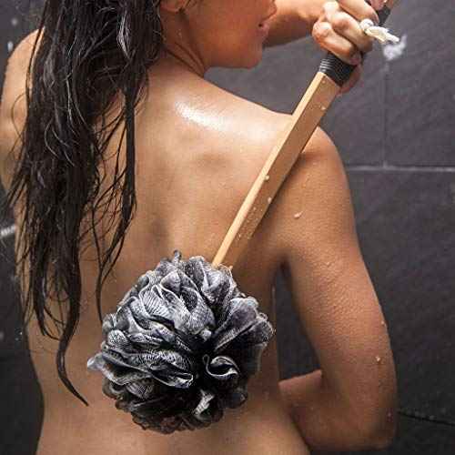 Loofah Back Scrubber for Shower | Bamboo Charcoal Fiber Infused | Loufas for Men & Women | Includes 1 Long Handled Shower Sponge, 1 Bath & Shower Luffa Pouf & 1 Hook to Hang Stuff (Slate Grey)