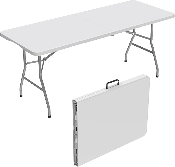 Allpop 6Ft Folding Table for Indoor Outdoor, Fold-in-Half Portable Plastic Dining Table with Carrying Handle for Picnic Pa...
