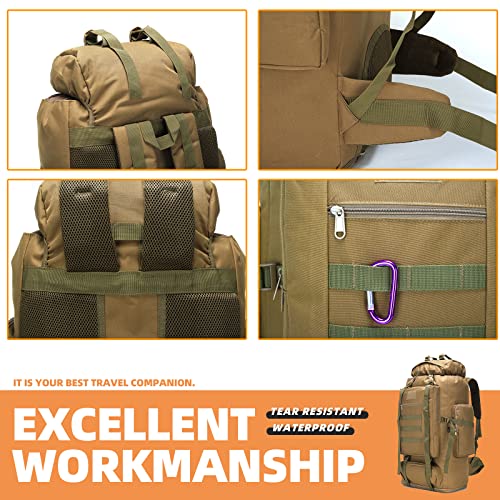 HongXingHai 70L/100L Hiking Camping Backpack MOLLE Rucksack Waterproof Daypack for Traveling (Khaki)
