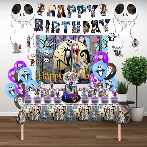 Favuit Birthday Decorations, Nightmare Christmas Party Supplies Halloween Birthday Party Decorations Set Includes Banner B...