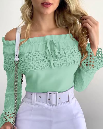 Womens Off Shoulder Lace Shirt Long Sleeve Mesh Top Guipure Lace Frill Hem Casual Streetwear Party Date Festival Shirt
