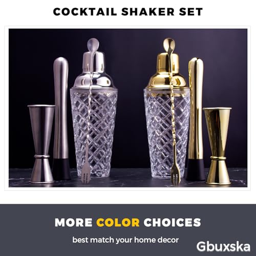 Gbuxska Gold Cocktail Shaker Set - Premium Glass Bartender Kit with Measuring Jigger, Mixing Spoon, and Muddler