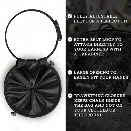 Chalk Bag + Refillable Chalk Ball - Iconic Topographical Map, Draw String Closure, 2 Zippered Pockets, & Brush Holder - Cl...
