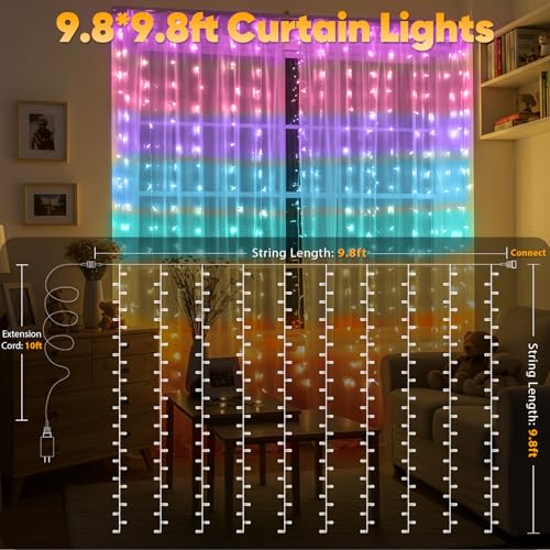 suddus Curtain Lights for Bedroom, 320 Led 9.8ft x9.8ft Hanging String Lights Indoor, Curtain String Lights for Backdrop, ...