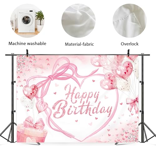 NEWsely Pink Bow Birthday Party Decorations Backdrop 7Wx5H Photography Coquette Birthday Decorations for Girl Happy Birthd...