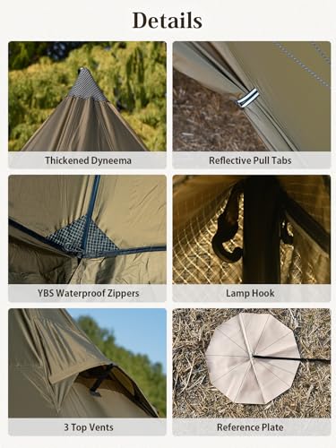 TOMOUNT Hot Tent, Tipi Teepee Tent with Stove Jack, 70D Ripstop Nylon, PU3000mm, Waterproof Lightweight for 2-4 Person, 4 ...