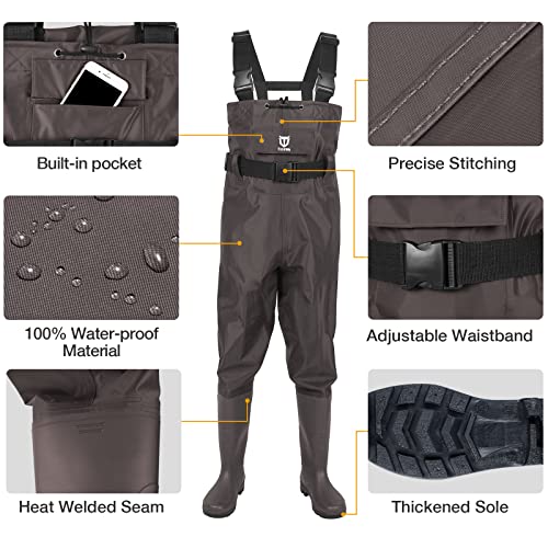 TIDEWE Bootfoot Chest Wader, 2-Ply Nylon/PVC Waterproof Fishing Hunting Waders with Boot Hanger for Men Women Green Brown