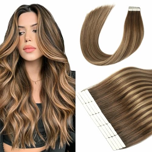 Tape in Hair Extensions Human Hair, 20pcs 50g 20 Inch Tape in Hair Extensions,Balayage Chocolate Brown To Caramel Blonde,Invisible Remy Silky Straight Natural Thick Real Human Hair Extensions
