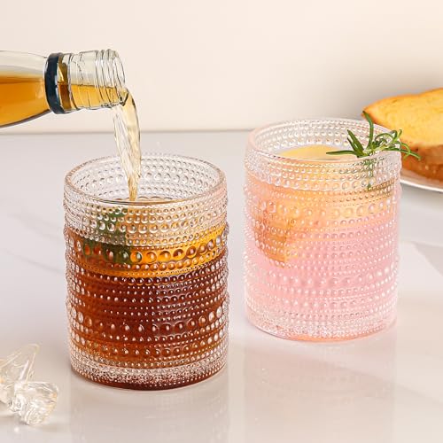 Amyoole 12oz Hobnail Drinking Glasses Set of 6,Clear Vintage Glassware Embossed Water Tumbler,Cocktail Glass Cups for Bee...