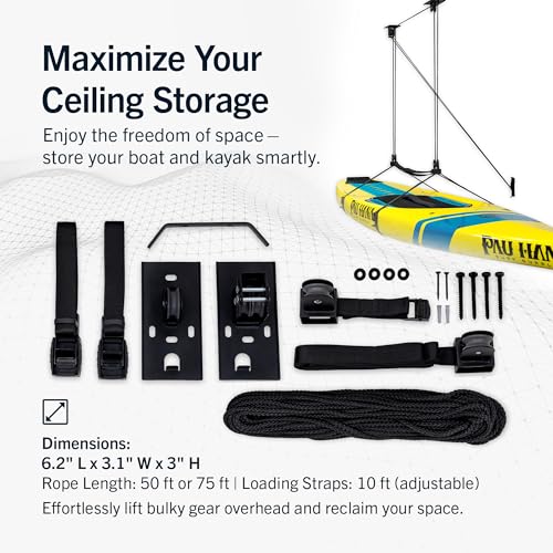 StoreYourBoard Kayak and Canoe Ceiling Hoist – Overhead Garage Storage Rack for Kayaks, Canoes, and Paddle Gear – Heavy Du...