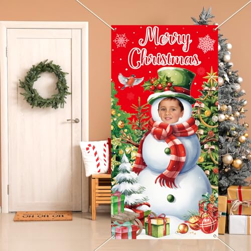 Justforjoyful Christmas Snowman Photo Booth Prop Merry Christmas Party Decoration Xmas Tree Door Banner Fabric Face in Hol...