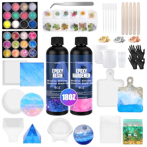 KISREL Epoxy Resin Kit for Beginners, Resin Kit with Molds, 18OZ Epoxy Kit with Dried Flowers, Measuring Cups and Resina S...