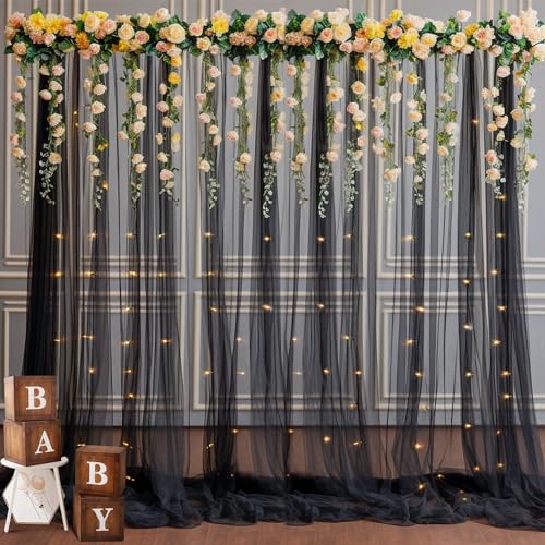 10x10ft Black Tulle Backdrop Curtain with Lights String for Parites, Sheer Photo Backdrop Curtains with Lights for Wedding...