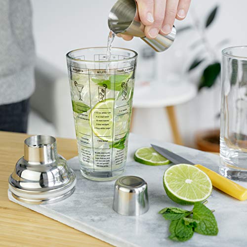 True Glass Cocktail Shaker with 7 Classic Recipes and Measurements for Cold Brew Cocktails, Home Bar Accessories, Bar Tool...