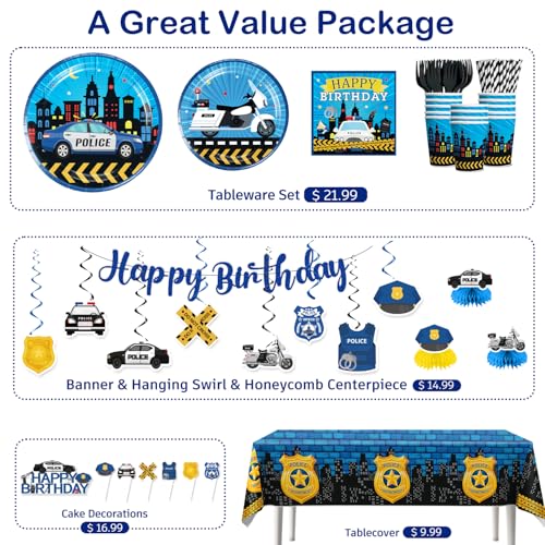 Yingoto 189pcs Police Birthday Party Decorations Tableware Complete Set, Serves 25 Guests, Police Party Decorations Kit wi...