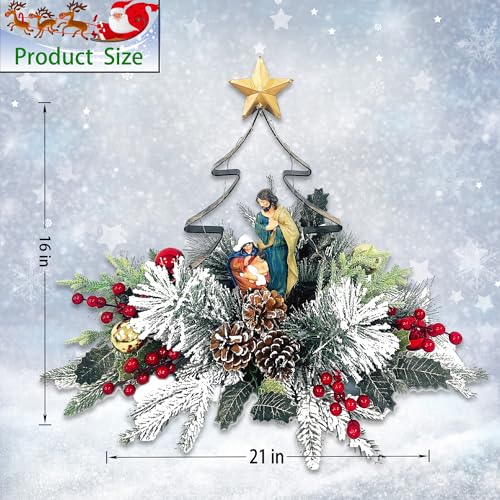 Eksen Nativity LED Tabletop Christmas Tree Centerpiece, Holy Family Scene with Warm Lights, Snowy Pine & Red Berry Accents...