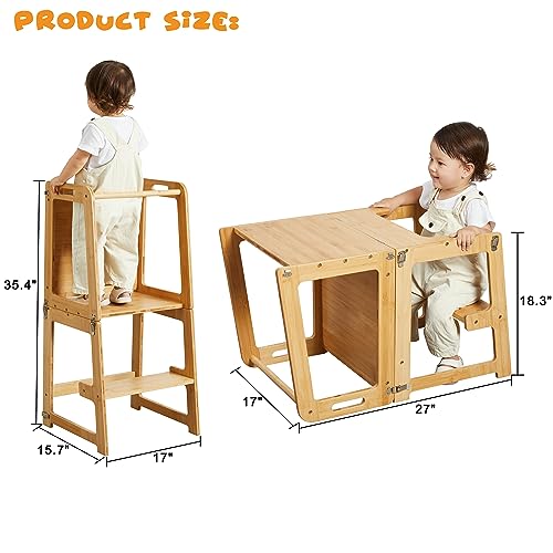 4-in-1 Standing Tower for Toddlers and Kids 1-6 Years, Bamboo Kitchen Learning Helper Stool with Chalkboard, Desk Table, a...