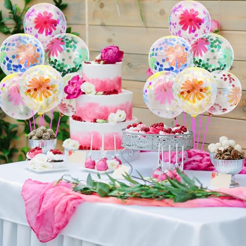 50 Pieces Flower Print Confetti Balloons 12 Inch Colorful Clear Floral Latex Balloon with Balloon Holder Sticks Spring Sum...