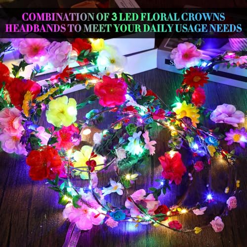 Retrowavy 100 Pcs Light up Flower Crown LED Floral Crowns Headband Garland LED Tiara Luminous Glowing Flower Hair Headpiec...