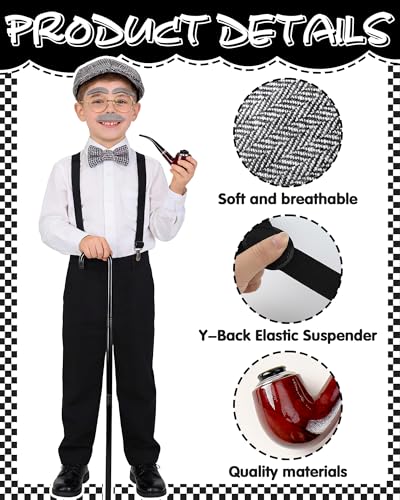 Vivrerizo Old Man Costume for Kids - 8 Pcs 100 Days of School Costume for Boys Grandpa Outfit Dress Up Cosplay