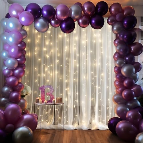 10ft x 10ft Cream White Chiffon Backdrop Curtain with Lights String for Parites Wedding Wrinkle Free Curtain Photo Backdro...