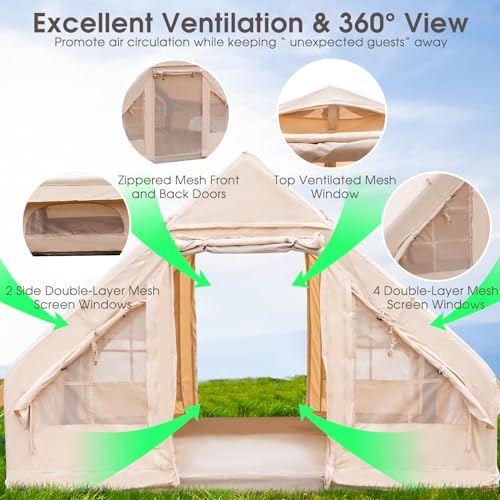Tangkula Inflatable Camping Tent with Pump, 4-6 People Outdoor Blow Up Cabin Tent with 7 Mesh Windows, 2 Doors, 4-Season G...