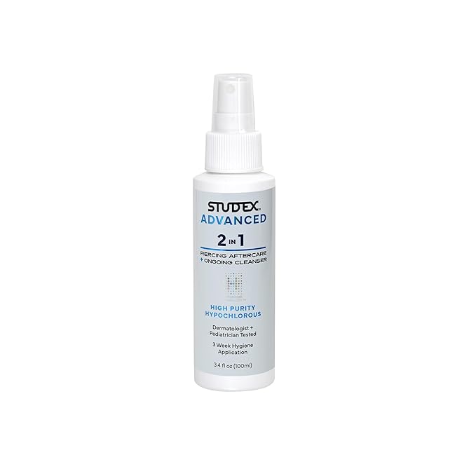 Studex Advanced 2-in-1 Piercing Aftercare & Cleanser – Hypochlorous Spray for Body and Ear Piercing, Hypoallergenic Formula for Sensitive Skin (3.4oz)