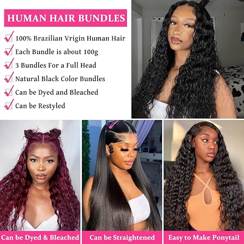 Water Wave Bundles Human Hair 20 22 24 Inch Deep Curly Human Hair Bundles 100% Unprocessed Brazilian Natural Wave Quick Weave Hair for Women Natural Black