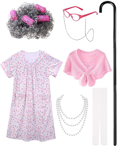 Vivrerizo Old Lady Costume for Kids - Grandma Costume for Girls 100 Days of School Funny Granny Dress Up Party Cosplay
