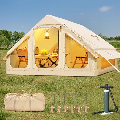 Upgraded Inflatable Camping Tents, 4 Season Blow Up Tent with Stove Jack & Hand Pump Air Glamping Tents for Camping with M...