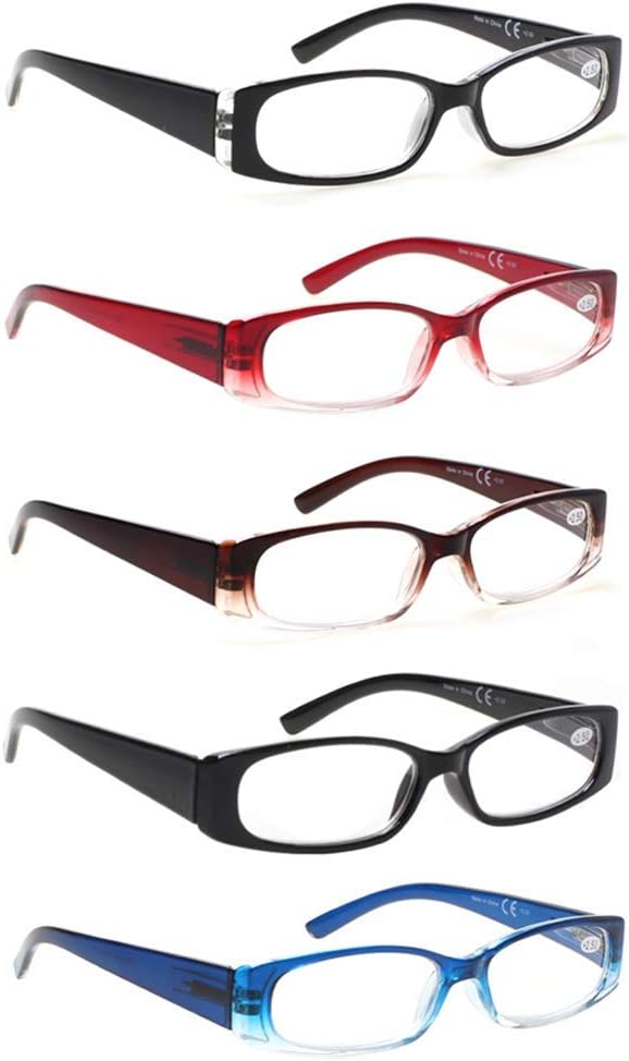 5 Pack Spring Hinge Reading Glasses Rectangular Fashion Quality Readers for Men and Women (5 Pack Mix, 1.25)Medium